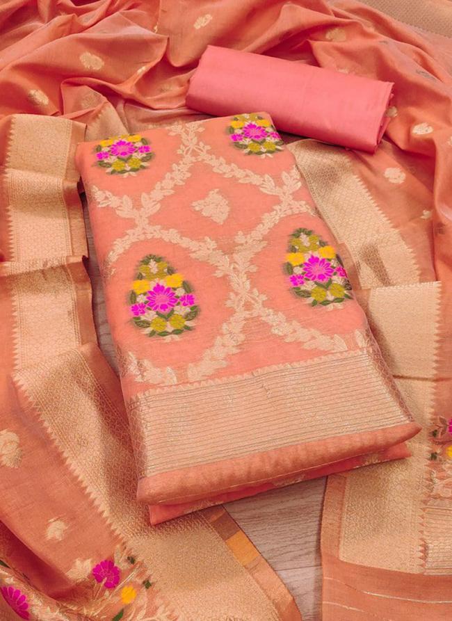 Pure Chanderi Banarasi Silk Peach Pink  Weaving Dress Material